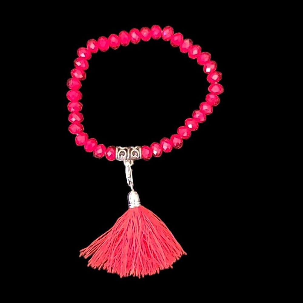 Red 6mm Crystal Glass Bead Stretch Bracelet With Removable Tassel Charm